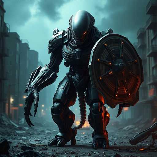 The image depicts a menacing, alien-like creature standing in the middle of a devastated city street. The creature, which appears to be a hybrid between a human and a robot, has a large, oval-shaped head with a glowing orange eye and a mouth filled with sharp, jagged teeth. Its body is covered in dark gray, metallic armor, with a chest plate and shoulder pads that give it a formidable appearance. The creature's right arm is extended downward, ending in three long, claw-like fingers, while its left arm is bent at the elbow, holding a large, round shield adorned with orange lights and a central starburst design. A tube-like structure extends from its back, adding to its otherworldly appearance. The background reveals a city in ruins, with tall buildings on either side and debris scattered across the street. The sky is a mix of light blue and gray, with dark clouds looming overhead, enhancing the eerie and ominous atmosphere of the scene.