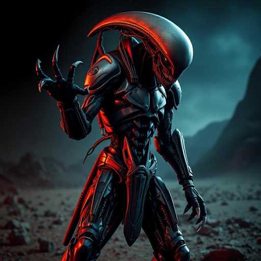 The image depicts a menacing, alien-like creature that appears to be a hybrid of human and robotic features. The creature's head is elongated and smooth, with a pronounced, pointed shape that arches over its body. Its eyes are small and beady, giving it a sinister appearance. The creature's mouth is filled with sharp, jagged teeth, adding to its terrifying look. 

The body is covered in metallic armor, with a particularly prominent chest plate that suggests strength and protection. Its arms are long and slender, ending in hands with four sharp, claw-like fingers. The creature stands on a barren, rocky surface, with a dark, cloudy sky looming in the background, enhancing the ominous atmosphere. The overall color palette of the image is dominated by shades of gray, black, and red, with the creature's body reflecting a red glow that contrasts against the darker surroundings.