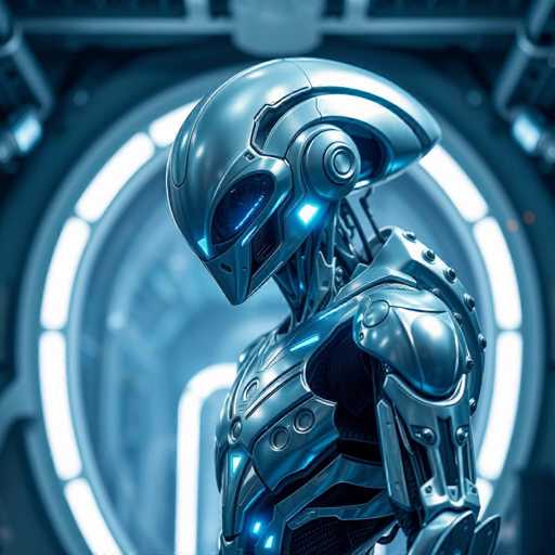 The image depicts a highly detailed, futuristic robot with a sleek, metallic silver body. Its head is oval-shaped with a pointed chin, featuring a large, dark blue visor that covers its eyes, giving it an otherworldly appearance. The robot's neck is slender and metallic, leading to a broad chest adorned with circular patterns. Its shoulders are rounded and connected by visible wires, adding to its mechanical aesthetic. The robot's right arm is visible, extending downward with a metallic sleeve and a hint of blue light at the elbow. The background is a blend of dark blue and black, with a prominent circular shape outlined in white light, enhancing the sci-fi atmosphere. The overall color palette is dominated by shades of blue, gray, and black, emphasizing the advanced and futuristic nature of the scene.