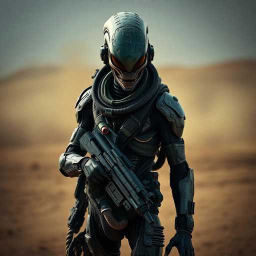 The image depicts a menacing alien creature, seemingly from a science fiction setting. The alien has a distinctive head shape, with a pointed top that tapers down to a rounded chin, and features a large forehead. Its eyes are a striking orange color, and it has a mouth filled with sharp, white teeth. The creature is adorned in a dark gray suit, which includes a scarf-like accessory around its neck. Its shoulders are protected by metal armor, and it wears metal gloves on its hands. The alien is holding a large, black gun with a rope attached to it, and a tube extends from its waist area. The background is blurred, but it appears to be a desert landscape with sand dunes and a gray sky, adding to the otherworldly atmosphere of the scene.