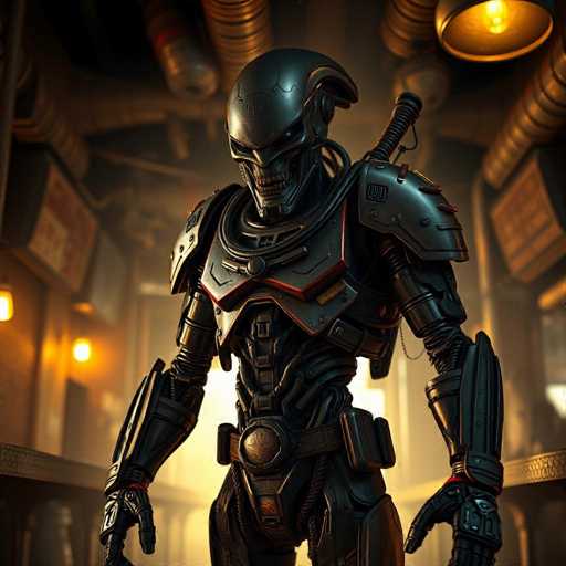 The image depicts a menacing, alien-like creature that appears to be a hybrid between a human and a robot. The creature's head is elongated and smooth, with a pronounced, pointed nose and a mouth filled with sharp, jagged teeth. Its eyes are deep-set and dark, giving it a sinister appearance. The creature is clad in intricate, metallic armor that covers its entire body, including its shoulders, chest, and arms. The armor is predominantly black with red accents, and it features a belt with a prominent buckle. The creature's hands are long and fingers are splayed, adding to its eerie presence. A sword is strapped to its back, suggesting readiness for combat. The background is dark and industrial, filled with pipes and illuminated by a few lights, enhancing the ominous atmosphere. The creature stands in a dynamic pose, as if poised to attack, with its head slightly turned to the left and its body angled towards the viewer.