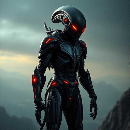 The image depicts a highly detailed, computer-generated sci-fi creature that appears to be an alien or robotic entity. The creature stands in a humanoid form, with a sleek, metallic body predominantly black in color, adorned with numerous red lights that illuminate various parts of its frame. Its head is elongated and smooth, resembling a large, dark gray or black helmet with glowing red eyes that give it an eerie, menacing appearance. The creature's shoulders are protected by substantial armor, and its chest features a prominent breastplate. Its arms are long and slender, ending in hands with elongated fingers, and its legs are similarly thin, covered in armor that extends down to its feet. The background is a blurred, grayish-blue sky with hints of mountains and rocky terrain, adding to the otherworldly atmosphere of the scene. The creature's posture is slightly hunched, and it gazes downward, enhancing its ominous presence.