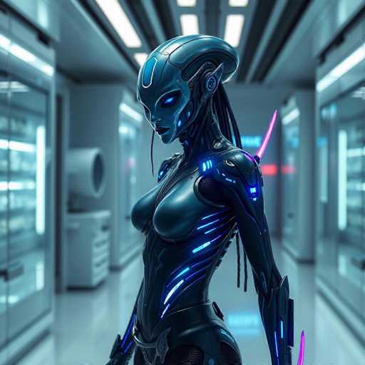 The image depicts a highly detailed, computer-generated scene of a futuristic, female robot standing in a sterile, white hallway that resembles a laboratory or hospital setting. The robot, which has a humanoid form, is adorned in a sleek, black bodysuit that accentuates her chest and waist. Her head is elongated and smooth, with a distinctive oval-shaped feature on her forehead. She has glowing blue eyes and a mouth that appears to be slightly open, revealing a hint of a tongue. Her arms are long and slender, with purple lights emanating from her elbows and shoulders. The background is blurred, but it reveals white walls, glass doors, and fluorescent lighting, enhancing the clinical atmosphere. The overall color palette of the image is dominated by shades of blue, black, and white, with accents of purple and red. The robot's design and the environment suggest a blend of advanced technology and a sterile, controlled setting.