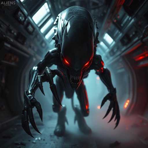 The image depicts a menacing, metallic alien creature standing in the middle of a damaged spaceship corridor. The alien has a long, smooth, and shiny head with glowing red eyes and a mouth filled with sharp, white teeth. Its body is covered in black metal, with long, thin arms ending in four sharp claws each. The creature's legs are also metallic, and it wears metal boots. The spaceship corridor is dark and smoky, with debris scattered on the floor and walls. Red lights are visible on the right side of the image, and windows in the background let in some light. The overall scene is eerie and unsettling, with the alien appearing to be the cause of the destruction. In the top left corner of the image, the text "ALIENS ENTER" is written in gray.