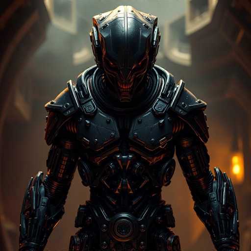 The image depicts a menacing, humanoid robot with a distinctly intimidating presence. Its head is shaped like a skull, featuring glowing red eyes and a mouth filled with sharp, fang-like teeth. The robot's body is covered in intricate black armor, complete with shoulder pads and a chest plate. Its arms are encased in metallic gloves, and its legs are similarly armored. The background is a dark, blurry mix of grays and blacks, with a faint light source in the bottom right corner. The overall scene is shrouded in darkness, enhancing the eerie and foreboding atmosphere.