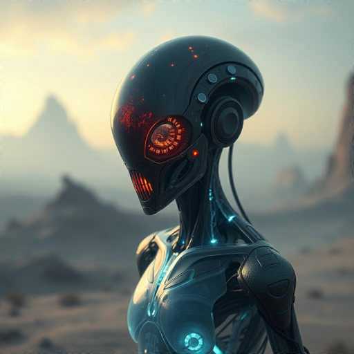 The image depicts a highly detailed, computer-generated robot standing in a barren, desert-like landscape. The robot features a sleek, metallic body with a predominantly black and silver color scheme, accented by glowing blue lights. Its head is shaped like an upside-down egg, with a single, large eye that emits a red light. The mouth is designed with a grill-like structure, also glowing red. The robot's neck is slender and metallic, leading to a chest area that is silver with blue lights. Its arms are black with visible wires and cables running from the shoulders. The background is blurred, showcasing a blue sky with white clouds and distant, rocky mountains, enhancing the focus on the robot. The overall scene suggests a futuristic, possibly sci-fi setting, with the robot appearing to be a sophisticated piece of technology.