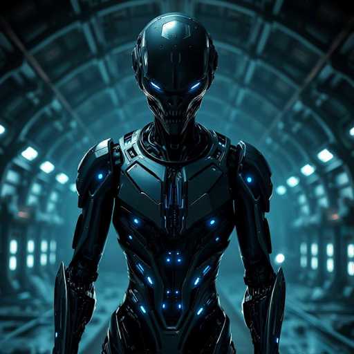 The image depicts a menacing, humanoid robot with a skeletal face, reminiscent of a skull, and glowing blue eyes that pierce through the darkness. Its metallic body is adorned with intricate blue lights, particularly around the chest and shoulders, giving it a futuristic and eerie appearance. The robot's arms are extended downward, and its overall posture exudes a sense of malevolence. The setting appears to be a dark, possibly underground or spaceship environment, with a tunnel-like structure and faint light emanating from the sides. The atmosphere is predominantly dark, with shades of black and gray, enhancing the ominous presence of the robot. The image is square-shaped, focusing closely on the robot, which dominates the frame, leaving little room for other details. The scene is devoid of any text, emphasizing the visual impact of the robot and its surroundings.