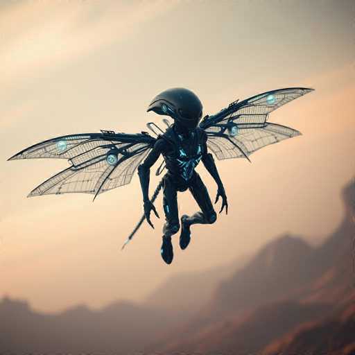 A sleek, dark alien creature with large, iridescent wings and glowing blue accents soars through a hazy, otherworldly sky. The image is rendered in a hyperrealistic style with soft, ethereal lighting and a dreamlike atmosphere, creating a captivating sci-fi scene.