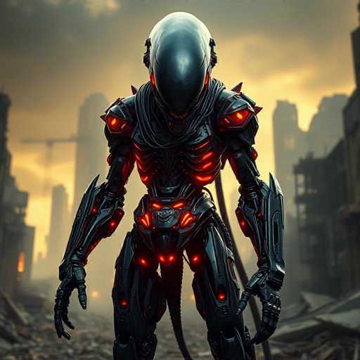 The image depicts a menacing, humanoid robot with a distinctly alien appearance. Its head is elongated and smooth, lacking any facial features except for two small slits that resemble eyes. The robot's body is predominantly black, adorned with intricate red lights that illuminate various parts, including its shoulders, chest, and waist. Its arms are long and metallic, ending in hands with three fingers each, and it stands on two legs. The robot's posture is aggressive, with its hands clenched into fists and its head tilted downward, giving it a sinister look. The background features a blurred cityscape with tall buildings, suggesting a post-apocalyptic setting. The sky is a mix of dark clouds and a faint yellow glow, possibly indicating a sunrise or sunset. The ground is littered with debris, enhancing the scene's desolate atmosphere.