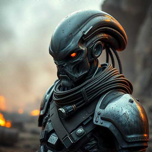The image depicts a menacing alien creature with a distinct, elongated head that tapers to a rounded point at the back. The creature's head is adorned with a series of cables that extend from the back, wrapping around its neck and chest area. Its eyes are glowing an ominous red, adding to its intimidating presence. The alien's mouth is closed, but its teeth are visible, contributing to its fierce appearance. Its shoulders are protected by metal armor, and its chest is covered with a strap that features a prominent silver button. The background is blurred, but it appears to be a chaotic scene with smoke and fire, enhancing the overall sense of danger and tension in the image.