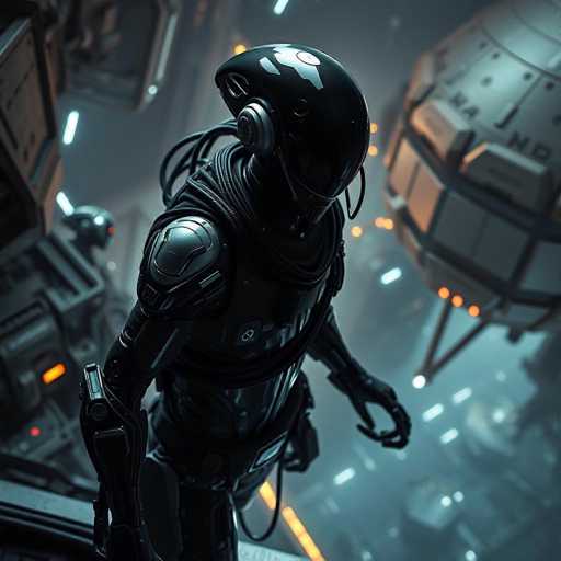 The image depicts a futuristic, AI-generated scene featuring a humanoid robot standing in a high-tech environment. The robot, predominantly black with a sleek, reflective surface, is adorned with a helmet that has a dark visor obscuring its face. Its head is connected to various wires and cables, suggesting advanced technological integration. The robot's right hand is gripping a gun, while its left hand is slightly extended, fingers curled. The background is filled with illuminated structures, including a large, metallic orb with orange lights and a grid-like pattern, hinting at a sci-fi setting. The scene is bathed in a mix of colors—black, white, gray, orange, red, and yellow—adding to the high-tech, futuristic ambiance. The robot appears to be looking down, possibly at a keyboard or another device, enhancing the impression of a technologically advanced workspace.