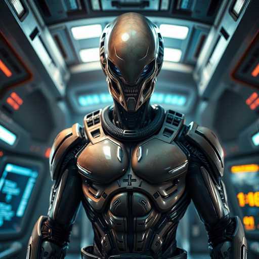 A highly detailed, futuristic cyborg stands on a spaceship bridge. The cyborg's body is sleek and metallic, with glowing blue eyes and a menacing, skull-like face. The lighting is dramatic, highlighting the cyborg's intricate armor and creating a sense of awe-inspiring power. The overall style is sci-fi, with a focus on hyper-realistic detail and a cool, dark color palette.