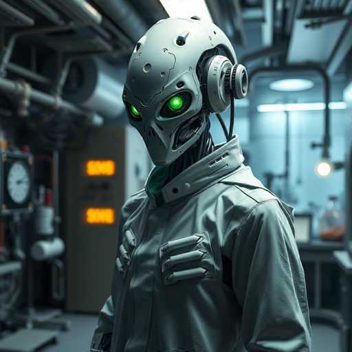 The image shows a person wearing a white jumpsuit with green goggles and a robot-like helmet on their head. The individual is standing against the backdrop of a large industrial machine that has pipes running through it.