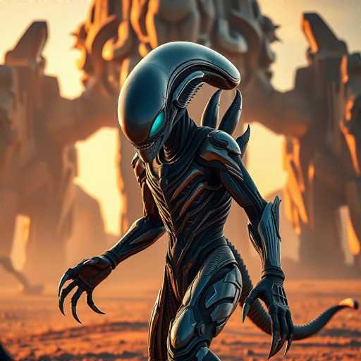 In this detailed image, the central figure is an alien creature with a distinct, elongated head that curves backward, resembling a large, smooth hump. Its eyes are strikingly bright blue, and it has a menacing smile filled with sharp teeth. The alien's body is covered in metallic armor, giving it a mechanical appearance. Its arms are long and slender, ending in hands with four fingers each, and it has a tail that extends from its back. The creature stands on a barren, desert-like landscape, with the ground appearing orange and lifeless. In the background, there are large, indistinct structures that could be buildings or statues, adding to the eerie atmosphere. The sky is a muted gray, suggesting either dawn or dusk, and the overall scene is devoid of any other life forms, emphasizing the alien's solitary presence in this desolate environment.