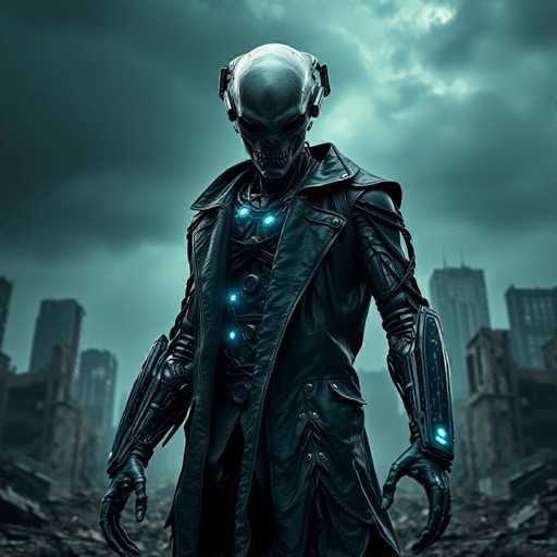 The image depicts a menacing, humanoid robot with a skull-like head, characterized by a metallic, silver-gray surface and dark, hollow eyes. Its face is adorned with sharp, menacing teeth, adding to its intimidating appearance. The robot's head is equipped with two small, square-like protrusions on either side, resembling ears. It is dressed in a long, black leather trench coat, which is open to reveal a chest plate illuminated by blue lights. The robot's arms are also metallic, with the left arm featuring a prominent blue light on the wrist. The background showcases a dark, cloudy sky, with tall buildings on either side, some of which appear to be damaged or collapsed, suggesting a post-apocalyptic setting. The overall atmosphere is gloomy and foreboding, emphasizing the robot's sinister presence.
