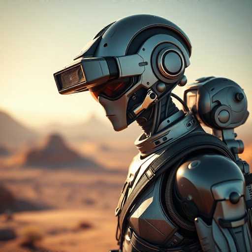The image depicts a highly detailed, computer-generated scene of a futuristic robot standing in a vast, arid desert landscape. The robot, which appears to be a blend of human and mechanical features, is shown in a side profile, facing left. Its head is adorned with a sleek helmet that includes a large visor and a camera-like device on the front. The robot's face is covered with a mask, and its neck is made of visible wires, adding to its mechanical appearance. It wears a chest plate and a backpack, with straps visible over its shoulders. The background is blurred, emphasizing the robot and the expansive, sandy terrain with distant mountains. The overall color palette of the image is dominated by shades of gray, black, and brown, with hints of red and orange, enhancing the futuristic and somewhat dystopian atmosphere.