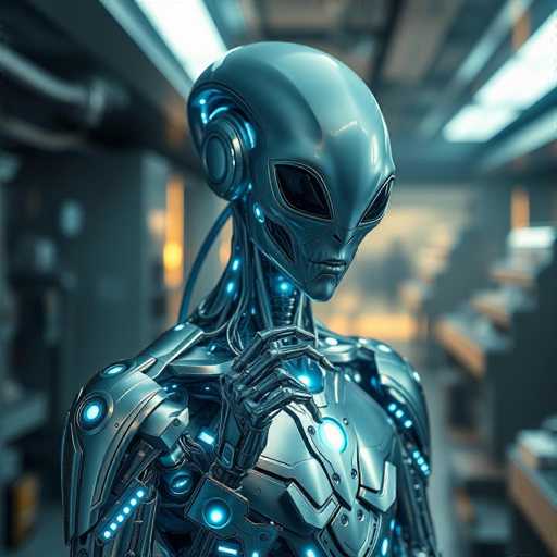 The image depicts a highly detailed, computer-generated alien robot with a distinctly metallic appearance. The alien features a large, elongated head with a pronounced forehead and sunken, oval-shaped eyes that are black and devoid of pupils. Its face is characterized by a small nose and a mouth that appears to be slightly open, revealing a hint of teeth. The neck is slender and metallic, leading down to a torso that is also constructed of metal. The robot's right hand is raised, with its index finger pointing upwards, while the other fingers are curled inward. The entire body is adorned with numerous small blue lights, adding to its futuristic and otherworldly aesthetic. The background is blurred, suggesting the setting is a high-tech laboratory filled with various pieces of equipment, though the details are indistinct.
