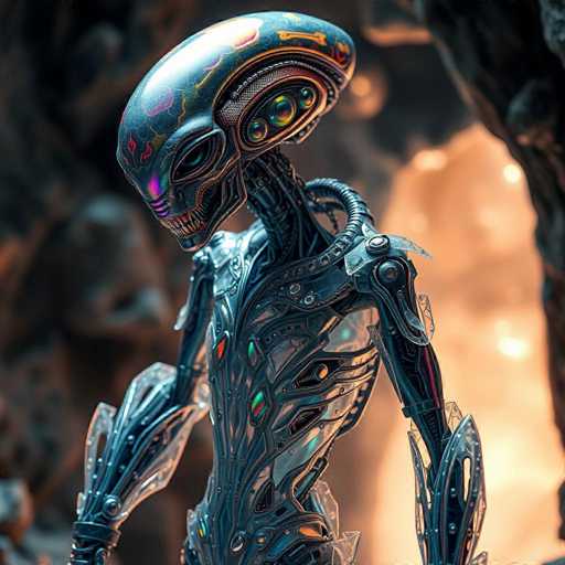 This image depicts a highly detailed, computer-generated alien creature. The alien has a metallic, silver body with intricate designs and vibrant, multicolored accents. Its head is elongated and somewhat resembles a turtle shell, featuring three large, circular eyes on the right side. The creature's mouth is filled with sharp, menacing teeth. The alien's slender neck leads to a torso adorned with various colored shapes, including green, red, and blue circles. Its arms are long and thin, with clear, plastic-like sections that add to its mechanical appearance. The background is a blurry mix of black and orange hues, with indistinct shapes that suggest a cave-like environment. The overall scene is dark and mysterious, enhancing the eerie, otherworldly atmosphere surrounding the alien.