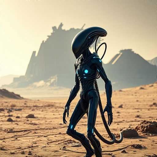 The image depicts a highly detailed, computer-generated scene of an alien-like creature standing on a barren, rocky desert landscape. The creature, reminiscent of the iconic "gray alien" from popular culture, features a sleek, metallic body with a long, pointed head that curves slightly at the back. Its body is adorned with glowing blue lights, particularly noticeable on its chest, shoulders, and knees. The creature's arms are long and slender, ending in hands with three fingers each, while its legs are equally elongated and thin, with one leg slightly bent at the knee. Two prominent tubes extend from its back, wrapping around its body and ending in a hook-like shape. The background showcases a desolate, desert environment with scattered rocks and distant, blurred mountains, under a sky that transitions from light to darker hues. The overall scene evokes a sense of otherworldly desolation and mystery.