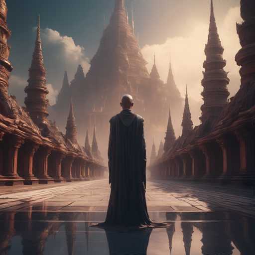 In this AI-generated image, a bald man stands with his back to the viewer, gazing down a long, reflective stone walkway. He is dressed in a dark cloak that drapes to the ground, with a hood that covers his neck. The walkway is flanked by tall, ornate buildings with intricate, layered spires that taper to points, reminiscent of ancient Egyptian architecture. The buildings on either side of the path are mirrored in the glossy surface of the walkway, creating a symmetrical and surreal atmosphere. The sky above is a deep blue, dotted with white clouds, adding to the ethereal quality of the scene. The man's posture suggests a moment of quiet contemplation, as he stands amidst the grandeur of this ancient, yet fantastical setting.
