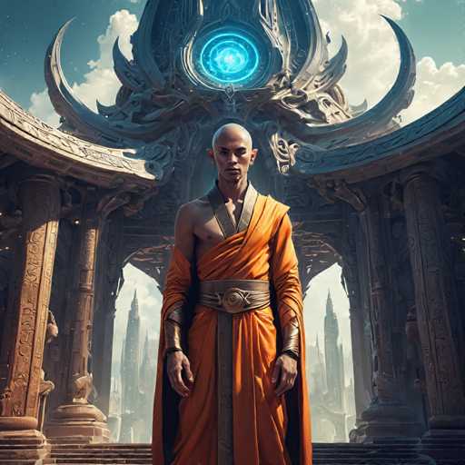 The image depicts a striking scene featuring a bald man dressed in an orange robe, standing in front of an elaborate, futuristic building. The man, who appears to be of Asian descent, has a serious expression and is adorned with a silver belt and metal wrist guards. His robe is wrapped around his body, leaving his right shoulder bare. The building behind him is a blend of ancient and modern architectural elements, with intricate carvings and a prominent blue orb at the top, emitting a glowing light. The structure has a large archway with steps leading up to it, and the background reveals a cityscape of tall, futuristic buildings under a blue sky dotted with clouds. The overall scene is highly detailed, with a mix of colors including orange, silver, blue, brown, and gray, creating a vivid and captivating visual.