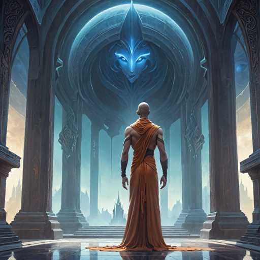 A lone, bald figure in an orange robe stands facing a colossal, glowing blue face within an ornate, ancient-looking archway. The figure is positioned in the foreground, dwarfed by the massive structure, emphasizing a sense of awe and reverence. The background features a distant, ethereal cityscape bathed in a soft, hazy light. The art style is highly detailed and fantastical, with intricate architectural elements and a mystical atmosphere.