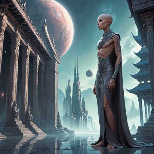 The image depicts a woman standing on a platform with her back to the viewer, wearing a long dress and holding a sword. The background features a castle-like structure with multiple towers and spires, surrounded by clouds that give the impression of floating islands in space.