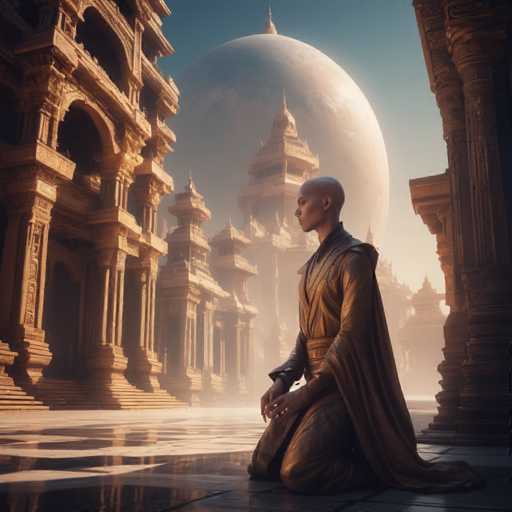 The image depicts a serene, bald woman dressed in a flowing, golden robe, kneeling on a reflective stone floor. She is positioned in the center of the frame, facing left, with her hands clasped together in a gesture of reverence. The background features an array of ancient, golden buildings with intricate architectural details, including columns and spires, reminiscent of a grand temple or palace. These structures are arranged in a U-shape around her, creating a sense of enclosure and focus. The sky above is a clear blue, dominated by a large, partially obscured celestial body—either the moon or a planet—adding a mystical element to the scene. The overall atmosphere is one of tranquility and spiritual contemplation, enhanced by the warm, golden hues of the buildings and the woman's attire.