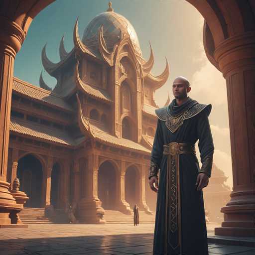 The image depicts a grand, ornate building with a blend of architectural styles, reminiscent of both Asian and Russian design. The structure features a prominent dome adorned with intricate patterns and is flanked by numerous spires that resemble the blades of a windmill. The building's facade is embellished with numerous arches and columns, adding to its majestic appearance. 

In the foreground, a bald man dressed in a long, dark blue robe with elaborate gold trim stands on a stone walkway. His attire includes a distinctive collar that extends down his chest, and he is gazing towards the left side of the image. The scene is set against a backdrop of a clear blue sky, with a few clouds visible on the right side. 

The overall atmosphere of the image is serene and somewhat mystical, with the detailed architecture and the solitary figure contributing to a sense of grandeur and timelessness.