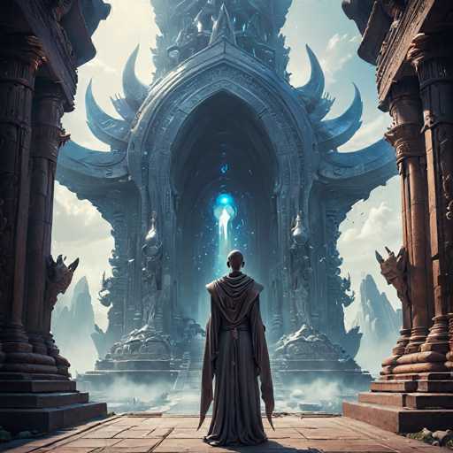 In this captivating image, a bald man stands at the center, gazing up at an imposing, futuristic castle. He is dressed in a long, dark gray robe that drapes elegantly to the ground. The castle, towering majestically, features a grand, arched doorway that appears to be made of metal. The archway is adorned with intricate, curved spikes that extend outward, adding to the structure's otherworldly appearance. 

Inside the archway, a radiant blue light emanates from the top, casting an ethereal glow that illuminates the scene. The man stands on a stone walkway, flanked by two large, dark brown columns that frame the castle's entrance. Beyond the walkway, a misty fog rises from the ground, adding a sense of mystery and depth to the image. 

In the background, jagged mountains rise sharply, their peaks shrouded in the same fog that envelops the lower parts of the scene. The sky above is a light blue, dotted with fluffy white clouds, providing a serene contrast to the futuristic and somewhat ominous castle below.