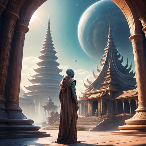 A lone figure in a flowing brown robe stands in a grand, otherworldly temple courtyard. Imposing, multi-tiered structures with intricate, ornate details dominate the scene, bathed in a soft, ethereal light. A colossal, partially visible planet hangs in the sky, casting a gentle glow on the architecture and landscape. The overall style is fantastical and dreamlike, with a focus on architectural grandeur and atmospheric depth.