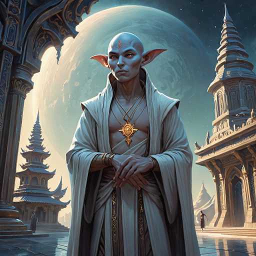 The image depicts a highly detailed, computer-generated scene of a humanoid alien standing in the center of a futuristic cityscape. The alien, with a bald head and large, pointed ears, has a light blue complexion and a distinctive red symbol on its forehead. It is dressed in a white robe with a gold emblem on the chest and a gold necklace. The alien's hands are clasped together in front of its waist. Surrounding the alien are tall, futuristic buildings with pointed roofs, some of which have a slight brownish tint. The ground beneath the alien is reflective, adding to the sci-fi atmosphere. In the background, a large, partially visible planet dominates the sky, with a dark blue hue and a hint of light blue at the top. The scene is set at night, with stars scattered across the sky, enhancing the otherworldly ambiance.