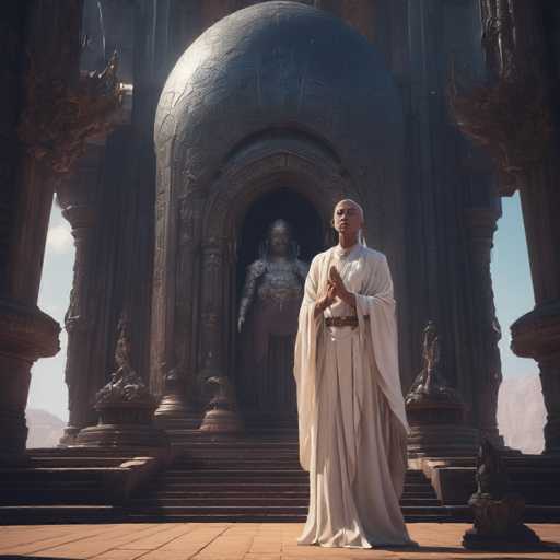 A lone figure in a flowing white robe stands before an ancient, intricately carved temple entrance. The figure's hands are clasped in prayer, facing a deity within the temple. The scene is bathed in soft light, emphasizing the grandeur and serenity of the architectural setting. The art style leans towards a digital painting with a focus on detailed textures and atmospheric perspective, evoking a sense of reverence and timelessness.
