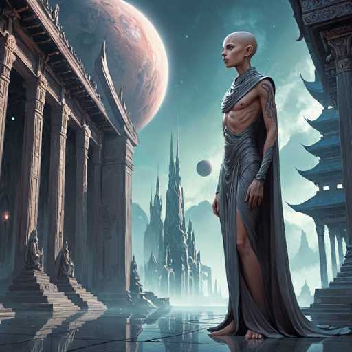 A serene, futuristic temple scene unfolds under a vast, glowing planet. A tall, androgynous figure in flowing grey fabric stands facing the temple's grand facade. The architecture is ornate, with towering pillars and intricate details reflecting on a polished surface. A smaller, distant moon hangs in the sky, adding to the otherworldly atmosphere. The art style is a blend of fantasy and science fiction, with a focus on atmospheric perspective and dramatic lighting.