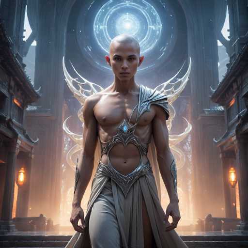 The image depicts a highly detailed, computer-generated character that appears to be from a video game or animated series. The character is a bald, muscular male with a light brown complexion, standing in a powerful, slightly angled stance. He is adorned in intricate silver armor that covers his chest and waist, leaving his abs exposed. His attire includes a flowing silver skirt-like garment that extends from his waist to his knees, and he wears silver wrist guards. His ears are pointed, and he has a serious expression on his face. Behind him, a pair of large, white, wing-like structures extend from his back, adding to his imposing presence. The background features a grand, futuristic building with tall, gray columns and a large circular window emitting a bright blue light. The scene is framed by additional architectural elements, including a wall with a glowing lantern on the left side. The overall atmosphere is dark and dramatic, emphasizing the character's heroic and formidable appearance.