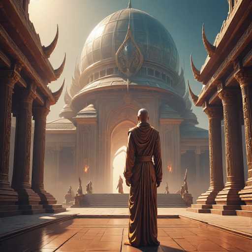 The image depicts a grand, ancient temple with a majestic dome at its center. The dome is adorned with intricate carvings and features a prominent, teardrop-shaped ornament at its apex. Flanking the dome are two large, open archways that allow light to filter through, casting a mystical glow on the scene. The temple's facade is supported by numerous columns, each topped with a distinctive, curved horn-like ornament. The ground is paved with stone, adding to the temple's timeless and sacred ambiance. In the foreground, a solitary figure stands with their back to the viewer, dressed in a flowing robe cinched at the waist, gazing up at the awe-inspiring structure before them.