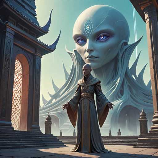 The image depicts a highly detailed, computer-generated scene set in an ancient, Asian-inspired courtyard. Dominating the foreground is a bald man dressed in a long, flowing gray robe with intricate gold and blue patterns. His arms are outstretched, and he stands on a stone floor, gazing upwards. To his left, there is a grand, ornate building with a distinctive curved roof and a large, arched doorway adorned with a golden crisscross pattern. The building features a set of stairs leading up to the entrance.

In the background, a colossal alien-like figure looms over the courtyard. This being has a large, bald head with striking blue eyes and a glowing white circle on its forehead. Its skin is a light blue, and it has a pointed, spiky collar that extends down its neck. The alien's presence is both imposing and enigmatic, adding a surreal element to the scene. The overall color palette of the image includes shades of blue, gray, gold, and brown, enhancing the mystical and ancient atmosphere.