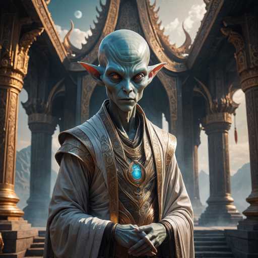 The image depicts a highly detailed, computer-generated scene featuring a humanoid alien character standing in front of an elaborate, ancient-style building. The alien, with a bald head and large, pointed ears, has a face that is a mix of gray and blue hues, and striking orange eyes. Its skin is a light blue color, and it has a long, thin nose and a small mouth. The alien is dressed in a flowing white robe adorned with intricate gold designs, and a prominent blue glowing gem at the center of its chest. The alien's hands are clasped together in front of its waist. The background showcases a grand, ornate structure with large stone columns, archways, and a roof that features a distinctive curved, spiky design. The building is set against a backdrop of a blue sky with clouds and distant mountains, adding to the otherworldly atmosphere of the scene.