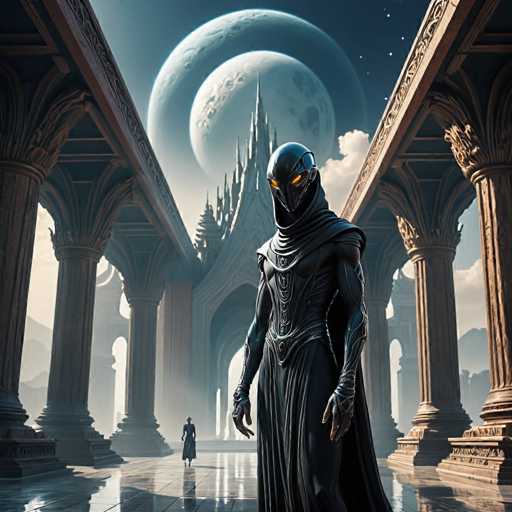 The image depicts a highly detailed, computer-generated scene featuring a mysterious, humanoid figure in the foreground. This figure is adorned in a sleek, black outfit that includes a helmet with glowing orange eyes, a flowing cape, and intricate armor on the arms and chest. The figure stands in a grand, open space with a reflective floor, flanked by large, ornate columns that suggest an ancient or fantasy architectural style. In the background, a tall, spiky building with a pointed roof rises against a dark blue sky, which is dotted with stars and two prominent moons. The scene is rich in color, featuring shades of blue, white, gray, black, orange, yellow, and brown, and evokes a sense of otherworldly fantasy, reminiscent of a sci-fi or fantasy video game setting.