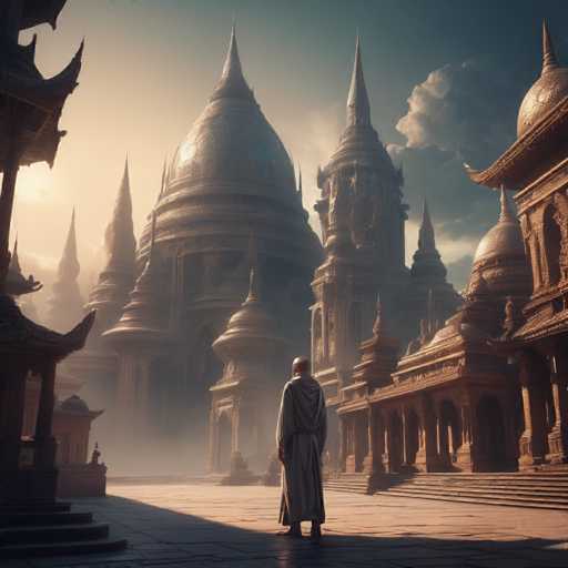 The image depicts a serene scene at a temple complex with multiple buildings featuring intricate architectural details and domed roofs. The perspective is from the ground level, looking up towards the towering structures. A solitary figure dressed in traditional robes can be seen standing on a stone platform within the complex.