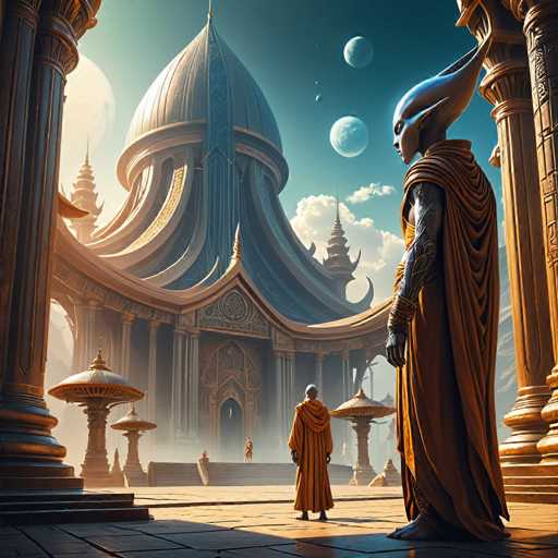 A majestic, otherworldly temple dominates the scene. Two figures in flowing robes stand before it on a paved plaza, dwarfed by the colossal architecture with its intricate, spiraling design and towering spires. The art style is highly detailed and fantastical, evoking a sense of ancient grandeur and cosmic scale.