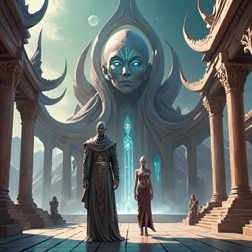 The image depicts a highly detailed, computer-generated scene reminiscent of a fantasy video game. At the center, a large, bald statue with glowing blue eyes and a crown-like structure on its head stands prominently. This statue is part of a grand, ancient-looking building with tall, ornate columns and a stone floor. Flanking the statue are two figures: a bald man in a long, dark gray robe with gold accents, and a woman in a strapless, light brown dress with a gold belt. Both figures are barefoot and appear to be looking directly at the viewer. The background features a light blue sky with a moon, and the entire scene is bathed in a mystical, ethereal light. The overall atmosphere is one of ancient power and fantasy, with intricate details that suggest a rich, immersive game world.