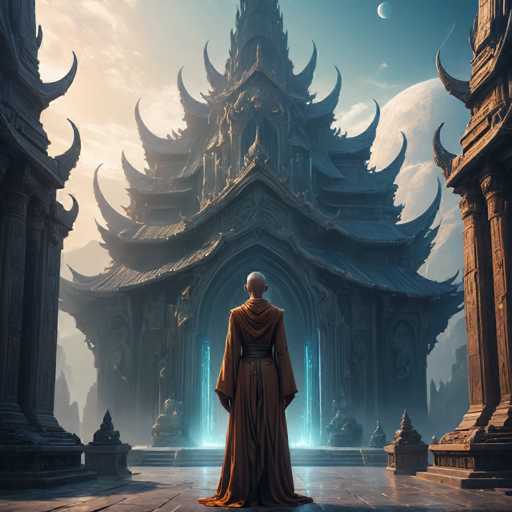 The image depicts a highly detailed, computer-generated scene of a bald man dressed in a long, brown robe with a black belt, standing with his back to the viewer. He is positioned in the center of a grand, ornate courtyard, gazing up at an imposing, multi-tiered building that resembles a temple or castle. The structure features numerous sharp, curved spires and layers, with a prominent central archway that emits a glowing blue light. The building's exterior is predominantly gray, with hints of gold and brown accents. Flanking the courtyard are two tall, brown columns, each topped with a crescent moon shape. The sky above is a deep blue, adorned with a large, white moon and scattered clouds, adding to the mystical atmosphere of the scene.