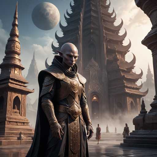 A tall, pale elf in ornate armor stands confidently on a stone path in a fantastical, ancient temple setting. A large, pale moon hangs in the sky behind him, with towering, intricately detailed temple structures flanking the scene. The art style is a blend of fantasy and digital painting, with a focus on atmospheric lighting and detailed textures.