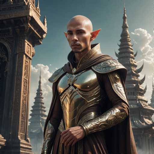 A man stands in front of a temple with a golden armor and a brown robe, wearing a crown on his head. The temple is surrounded by other structures that appear to be made of stone or wood.