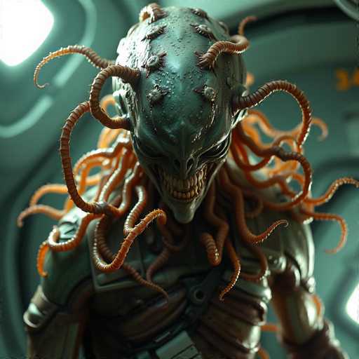 The image depicts a menacing alien creature with a distinctly humanoid form. Its head is elongated and pointed, adorned with numerous tentacles that emerge from its scalp and cascade down its shoulders. The creature's eyes are narrow slits, giving it a sinister appearance, while its mouth is filled with sharp, jagged teeth. The alien's body is covered in a greenish hue, and it appears to be clad in some form of armor, suggesting it might be a warrior from another world. The background is a muted green, with light filtering through windows, adding to the eerie atmosphere. The creature's expression is one of anger, and its overall appearance is both terrifying and otherworldly.