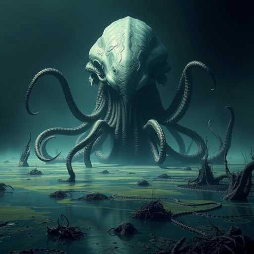 The image depicts a colossal, otherworldly creature that dominates the scene. This being, reminiscent of an octopus, features a multitude of tentacles—at least ten—each adorned with numerous ridges and spikes. Its body is a striking green, with a head that tapers to a point at the top. The creature's eyes are uniquely shaped, resembling sideways triangles, and it has a mouth filled with sharp, jagged teeth. The tentacles are equally menacing, ending in pointed tips.

The creature is partially submerged in murky water, which is covered with patches of algae and dotted with various plants. Some of these plants are tall and spindly, while others resemble tree trunks emerging from the water. The water itself is a dark, murky green, adding to the eerie atmosphere of the scene. The background is a deep, almost black shade of green, enhancing the mysterious and foreboding nature of the environment.