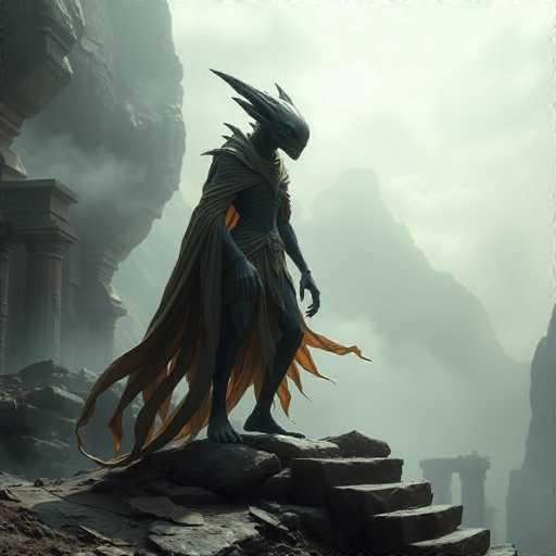 The image depicts a fantastical scene featuring a humanoid alien creature standing on a rocky outcrop. The creature has a distinctive elongated head with a pointed nose and mouth, and its body is covered in dark blue scales. It is adorned with a flowing cape that transitions from dark gray at the top to a golden yellow at the bottom. The alien's hands are long and fingers splayed, adding to its otherworldly appearance. 

The setting is a rugged, rocky landscape with a staircase leading up to the creature's position. In the background, there are ancient-looking stone structures, including pillars and archways, suggesting the remnants of an old civilization. The sky is overcast with thick clouds, and distant mountains are visible, shrouded in mist. The overall atmosphere is dark and mysterious, with the creature gazing off to the right, seemingly lost in thought or surveying its domain.