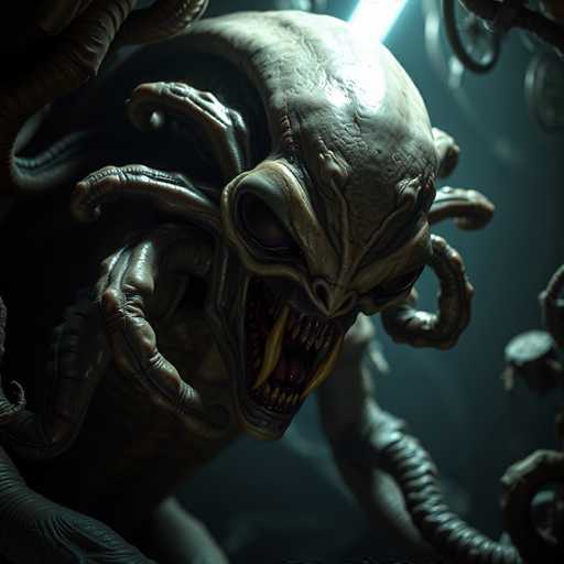 The image depicts a menacing alien creature with a distinct, elongated head that tapers to a sharp point at the back. Its head is adorned with numerous tentacles, approximately eight, that extend from the sides and front, adding to its otherworldly appearance. The creature's eyes are large and hollow, giving it a haunting gaze. Its mouth is agape, revealing sharp, yellow fangs that protrude menacingly. The alien's skin is a mix of gray and brown hues, with the top of its head being predominantly gray and the sides displaying a brownish tint. The creature's body is partially visible, with a hint of its form emerging from the left side of the image. The background is dark and indistinct, with a faint light source illuminating the alien's head, casting an eerie glow. The overall scene is shrouded in darkness, with the alien emerging ominously from the shadows.