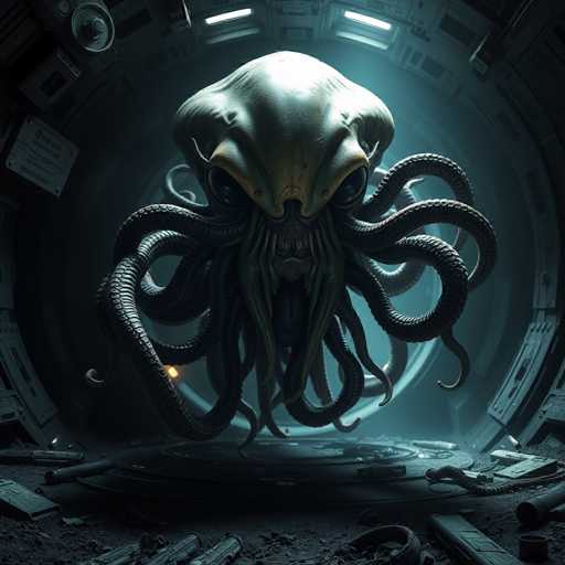 The image depicts a highly detailed, computer-generated octopus-like creature with a humanoid face, featuring large, expressive eyes and a prominent nose. The creature's tentacles are numerous, curling around its body, and it appears to be emerging from a circular opening in a metallic, futuristic structure. The setting resembles a high-tech facility or spaceship, with a gray, rocky floor littered with debris, including what appears to be a coiled hose or wire. The background is illuminated by a light source, casting a glow on the creature's head and highlighting the intricate details of its form. The overall scene is dark and somewhat eerie, with the creature's menacing presence dominating the frame.